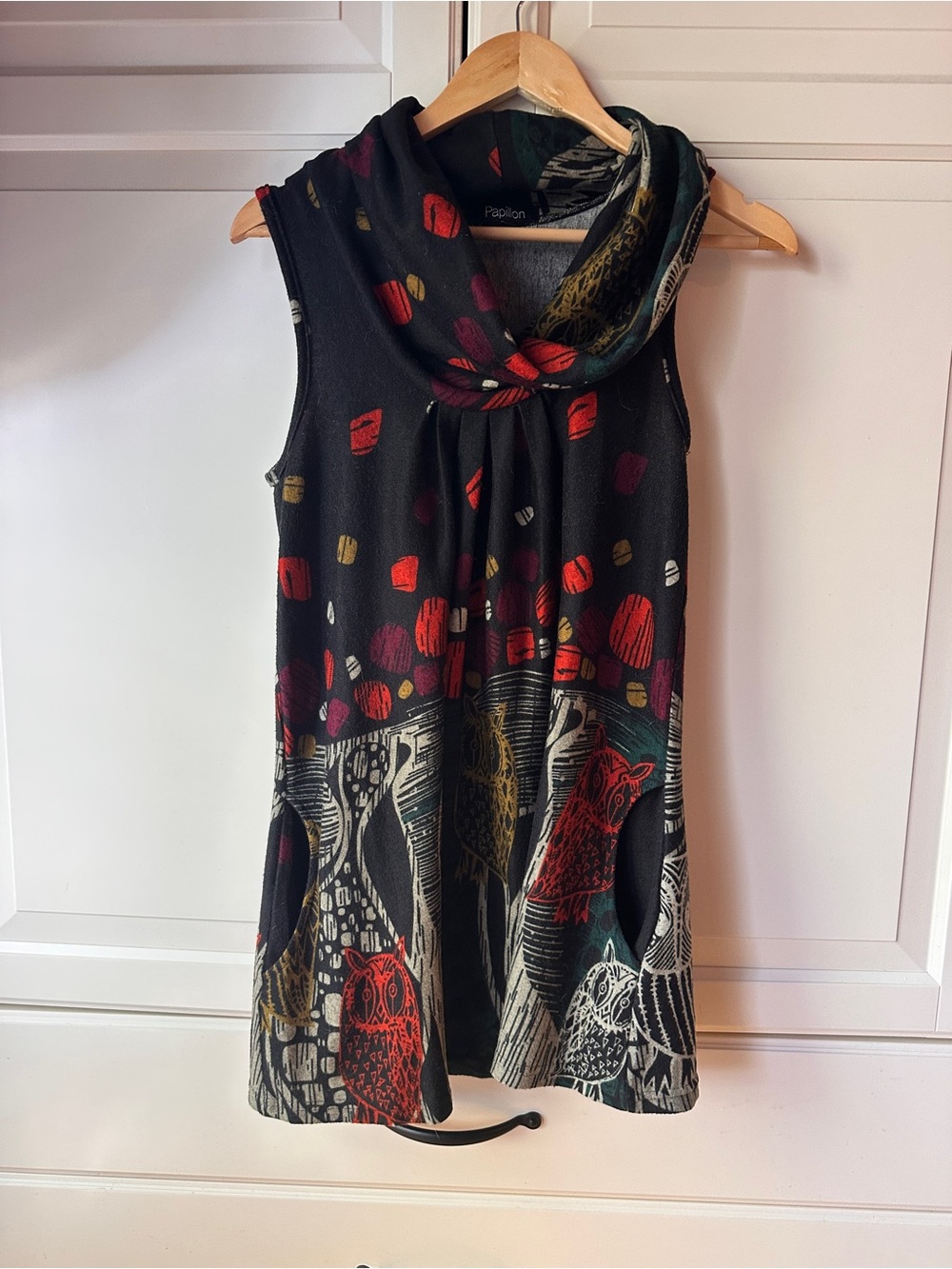 Papillon Black Mini Dress with Red, Gold, Teal and Cream Owl design